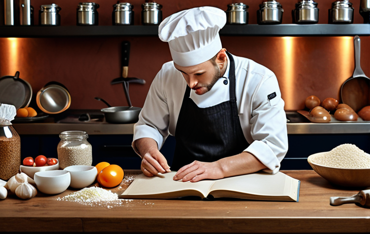 A person thoughtfully crafting open-ended questions, like a chef preparing ingredients, with examples like "What impressed you most in this book?" and considering the context of the question.