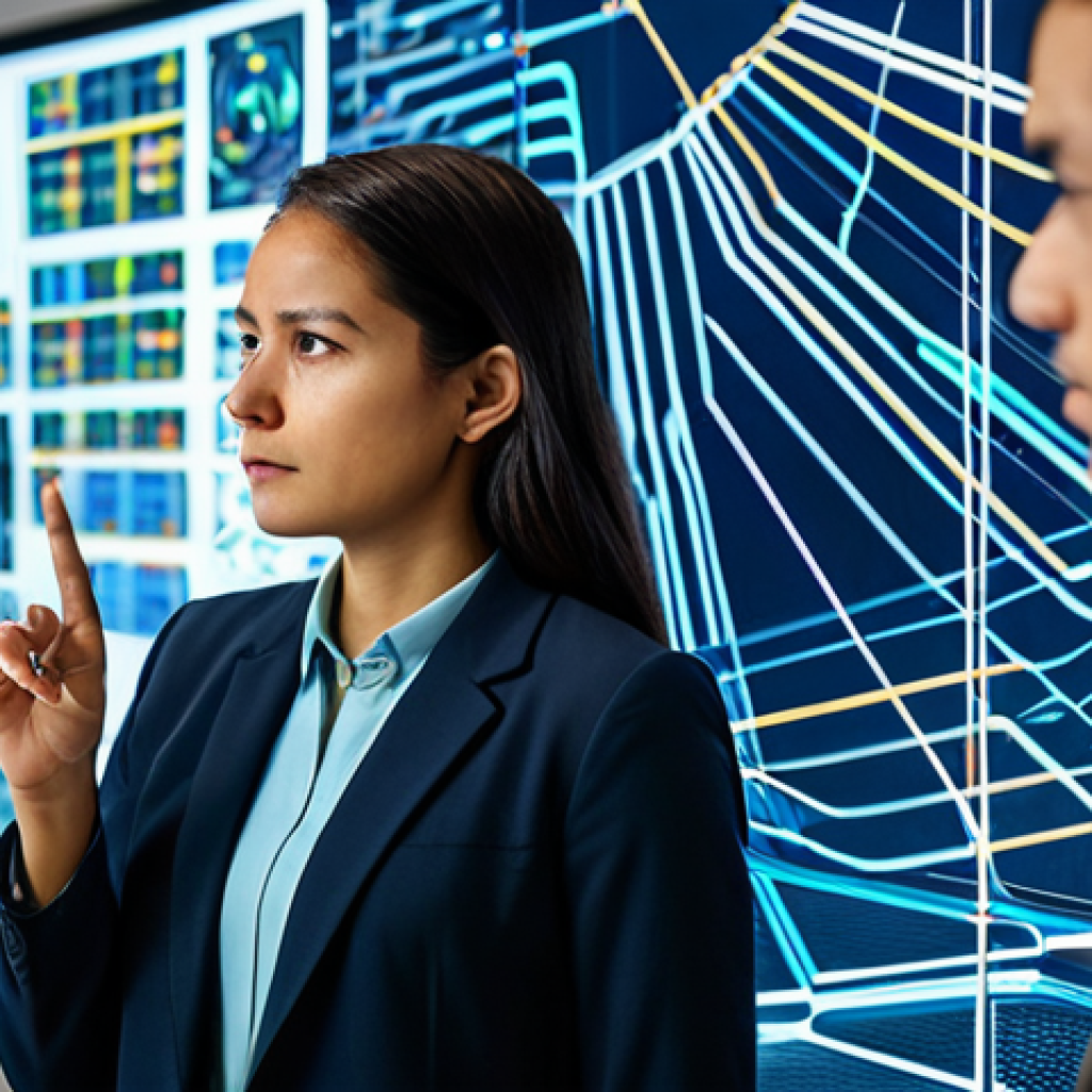 A determined professional person, gender-neutral, wearing a modest business casual outfit, fully clothed, appropriate attire, professional dress. They stand in a modern, clean innovation lab, gazing intently at a holographic visualization of complex interconnected data nodes, symbolizing a problem being defined. One hand gestures thoughtfully towards the display. The atmosphere is intellectual and focused, conveying a sense of deep thought and discovery. Perfect anatomy, correct proportions, natural pose, well-formed hands, proper finger count, natural body proportions, professional photography, high resolution, sharp focus, natural lighting, safe for work, appropriate content, family-friendly.