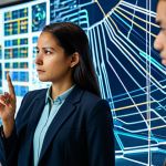 A determined professional person, gender-neutral, wearing a modest business casual outfit, fully clothed, appropriate attire, professional dress. They stand in a modern, clean innovation lab, gazing intently at a holographic visualization of complex interconnected data nodes, symbolizing a problem being defined. One hand gestures thoughtfully towards the display. The atmosphere is intellectual and focused, conveying a sense of deep thought and discovery. Perfect anatomy, correct proportions, natural pose, well-formed hands, proper finger count, natural body proportions, professional photography, high resolution, sharp focus, natural lighting, safe for work, appropriate content, family-friendly.